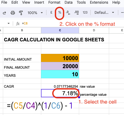 cagr calculation in google sheets, change decimal to percentage value